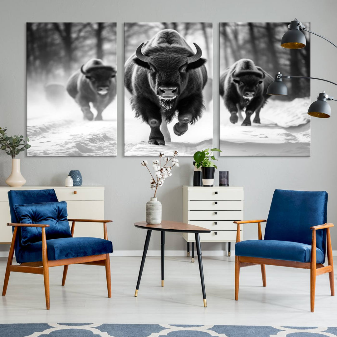 Transform your living room with the Buffalo Wall Art Canvas Print triptych, showcasing a bison family in motion across a snowy landscape. This striking Western decor piece becomes the focal point of any room.