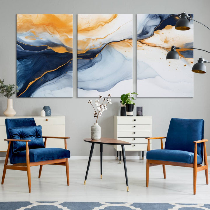 Modern living room featuring the 'Extra Large Orange Navy Blue Abstract Wall Art Canvas Print.'