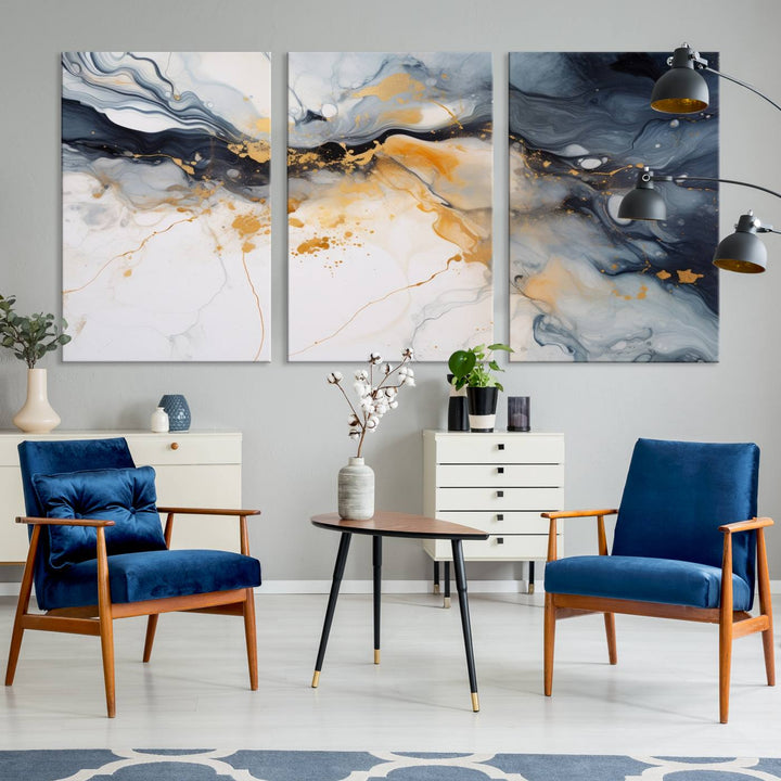 The Dark Blue and Orange Abstract Wall Art, featuring museum-quality canvas with captivating dark and golden swirls, is ready to hang and boasts a UV-protective coating to ensure enduring vibrancy and sophistication.