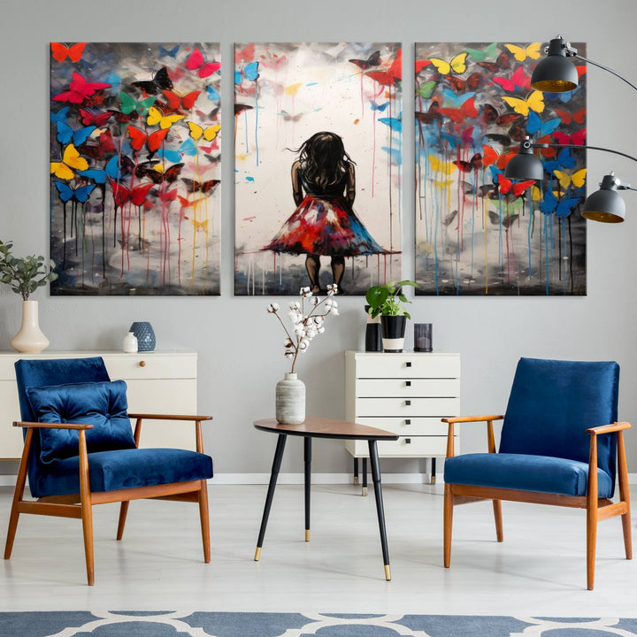 The Girl Butterfly Graffiti Abstract Canvas Print, featuring a vibrant depiction of a girl surrounded by butterflies on museum-quality canvas, is displayed prominently.