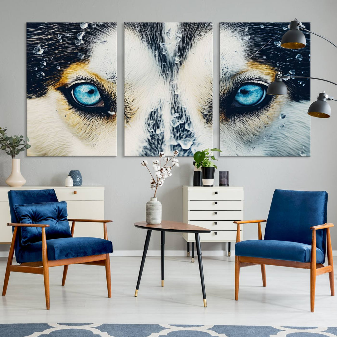 The captivating "Winter Siberian Husky Wolf EYE Wall Art Canvas Print" showcases the striking blue eyes of the animal portrait.