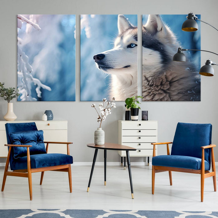 A captivating Winter Siberian Husky Wolf Wall Art Canvas Print hangs prominently.