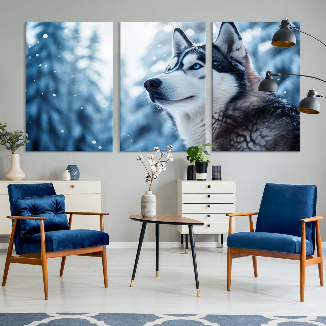 The "Winter Siberian Husky Wolf Wall Art Canvas Print" is elegantly displayed, enhancing the room's cozy ambiance in a snowy forest setting.