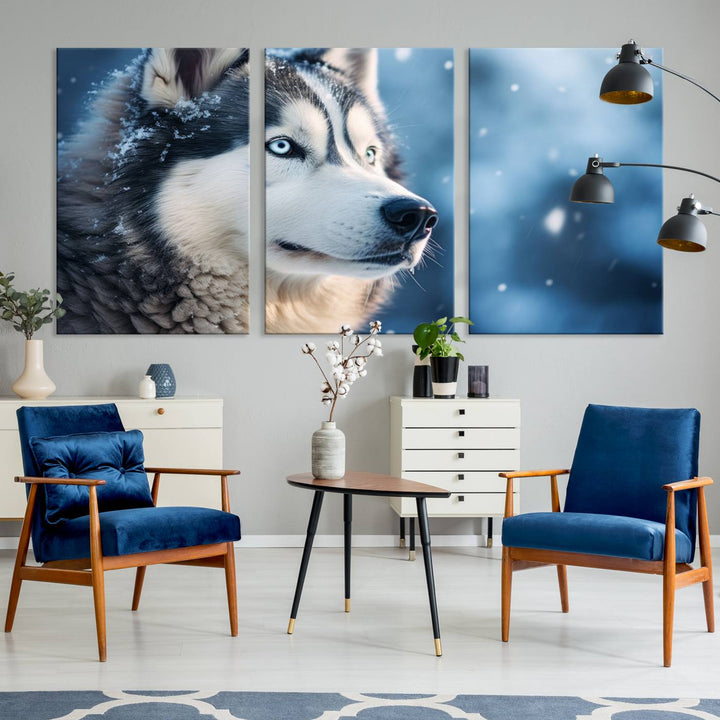 The space above the sofa features the Winter Siberian Husky Wolf Wall Art Canvas Print, creating a stunning snowy scene.