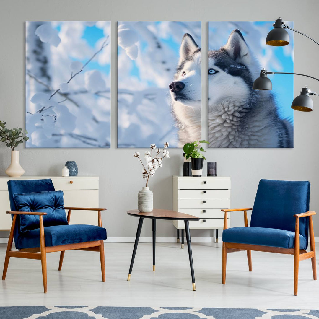 The Siberian Husky Art Canvas elegantly enhances the room.