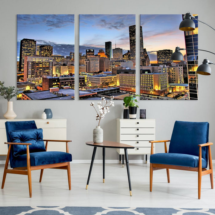 The modern living room features the Houston Wall Art Canvas Print on the wall. This professional craftsman framed masterpiece depicts a cityscape and is created with museum-quality polycotton canvas, ensuring a polished look that enhances its elegant charm.