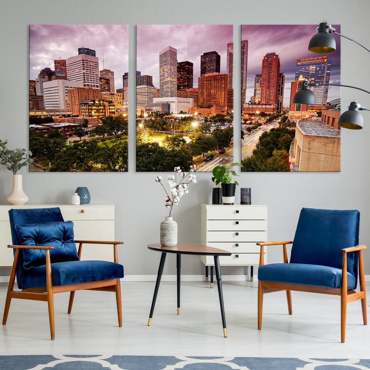 The Houston Wall Art Canvas Print in the living room displays a vibrant city skyline at twilight on museum-quality canvas with UV-protective coating.