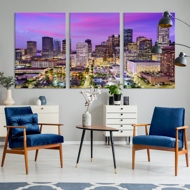 Houston Wall Art Canvas Print showcasing a vibrant cityscape at dusk on museum-quality canvas, expertly crafted by professional craftsmen.