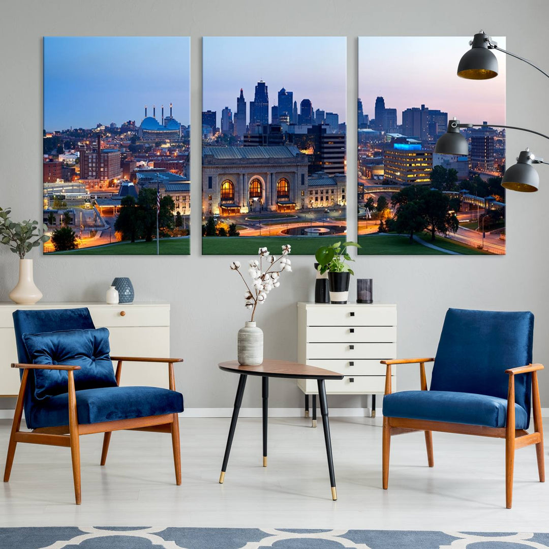 The Kansas City Skyline Canvas Wall Art Print hangs above, showcasing an iconic dusk cityscape with a historic building in the foreground, exuding urban sophistication.