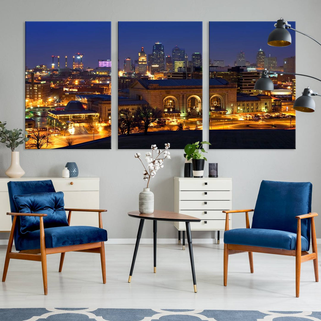 The Kansas City Night Canvas Print Wall Art creates a scene as captivating as museum-quality art, showcasing a city skyline at night with illuminated buildings.