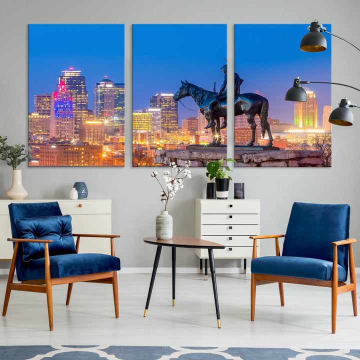 A large Kansas City Night Canvas Print Wall Art adorns the wall, gallery wrapped and finished with a UV-protective coating for lasting vibrancy.