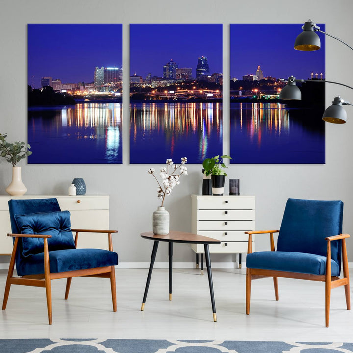 The Kansas City Night Canvas Print Wall Art captures the shimmering city skyline on the calm water, where every detail resembles a museum-quality polycotton masterpiece.