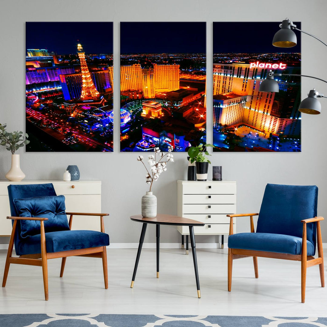 Las Vegas Wall Art Canvas Print showcases a dynamic and luminous cityscape at night with tall buildings and bustling streets. Expertly printed on museum-quality canvas, this gallery-wrapped artwork is enhanced with a UV-protective coating to ensure lasting brilliance.