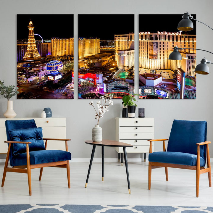 The Las Vegas Wall Art Canvas Print is a triptych set that showcases a stunning night view of Las Vegas. The illuminated buildings and the iconic faux Eiffel Tower add elegance to any space. Each piece comes with a UV-protective coating and is ready to hang, ensuring both style and durability.