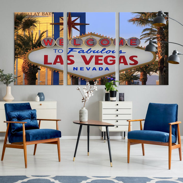 A Las Vegas Wall Art Canvas Print hangs on the wall, showcasing the iconic Welcome to Fabulous Las Vegas, Nevada sign. The museum-quality canvas guarantees vibrant colors with its UV-protective coating and is available with free shipping for added convenience.