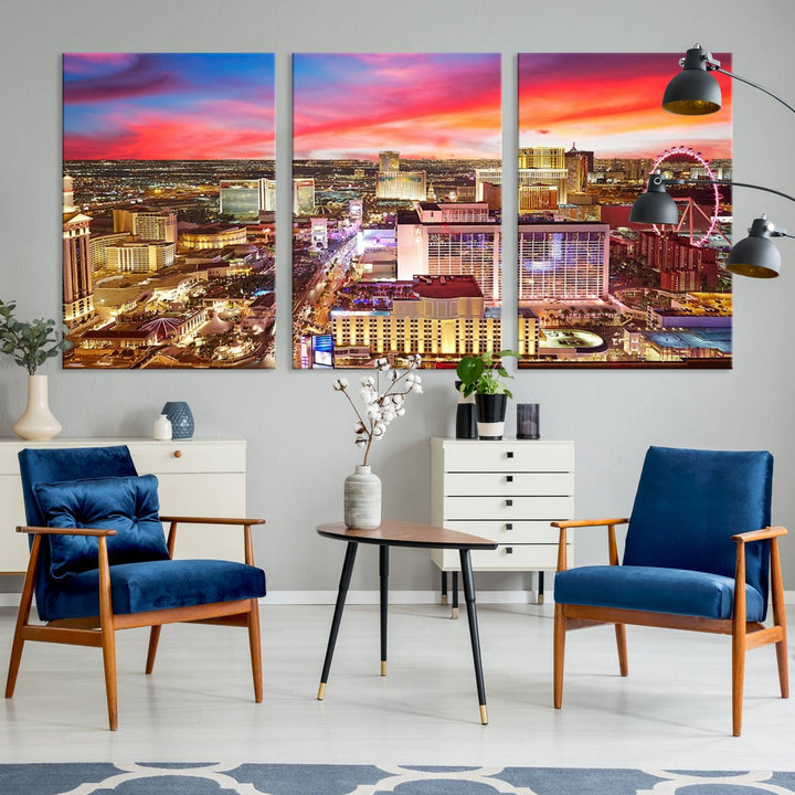 Las Vegas Wall Art Canvas Print depicting a vibrant cityscape at dusk on museum-quality canvas with a UV-protective coating, showcasing a skyline with colorful clouds.