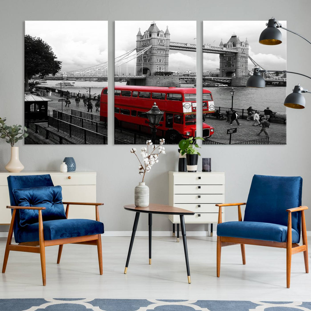 The London Red Bus and Bridge Wall Art Canvas Print showcases a red London bus in front of Tower Bridge, beautifully presented as a gallery-wrapped canvas. This striking image is divided into three panels, delivering a museum-quality display that's ready to hang.