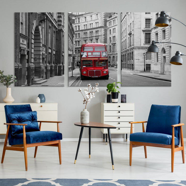 The living room features museum-quality London Red Bus Wall Art, showcasing a split canvas print of a red bus on a black and white city street. This artwork is ready to hang and includes a UV-protective coating to ensure long-lasting vibrance.