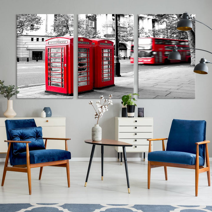 The London Red Bus and Phone Club Wall Art, a vivid night canvas print featuring iconic red buses and phone booths, is elegantly showcased on gallery-wrapped, museum-quality material. With its UV-protective coating, this captivating piece infuses your space with the charm of London.