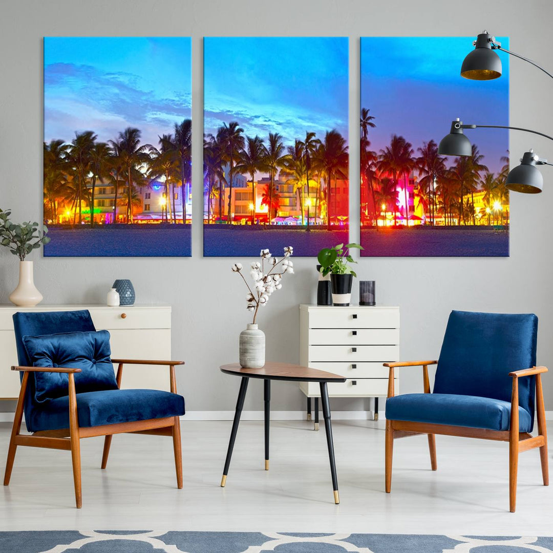 The living room features a three-panel Miami City Wall Art Canvas Print, showcasing a colorful, illuminated beach scene with palm trees on museum-quality canvas.