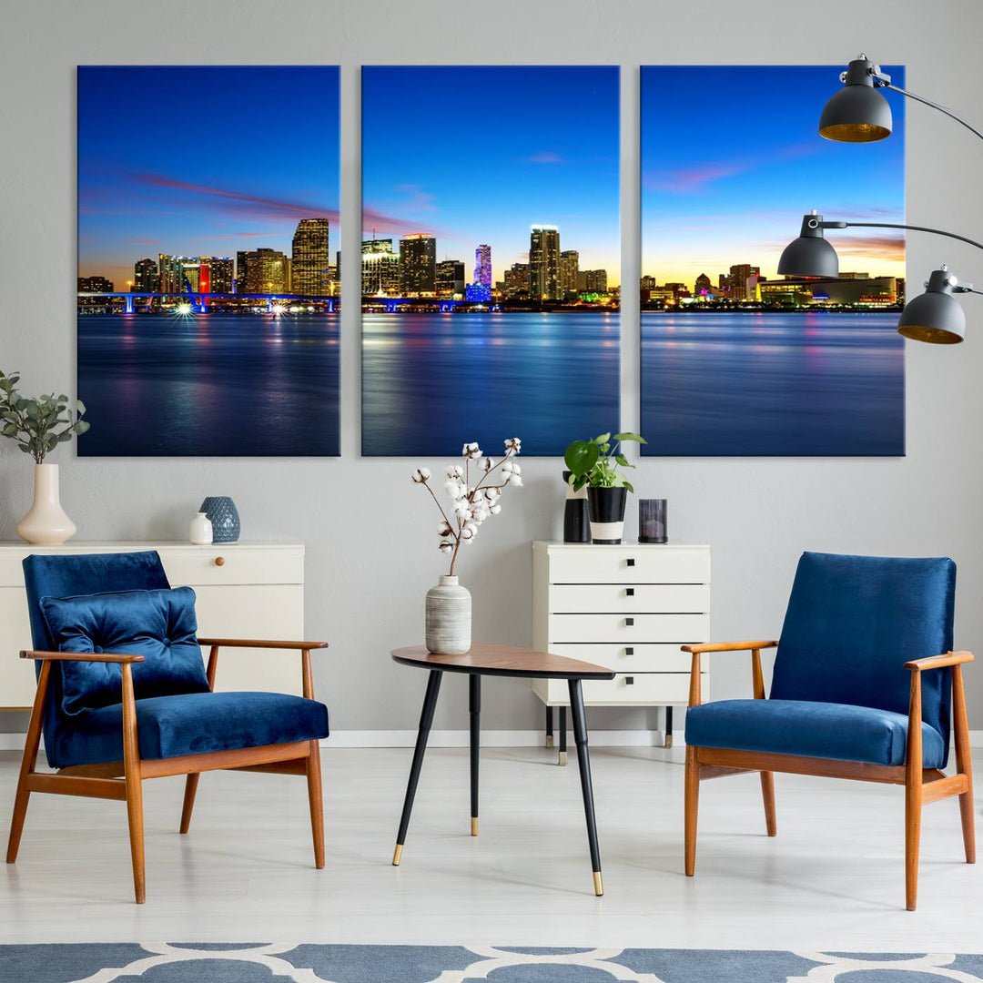 The living room features a Miami City Wall Art Canvas Print—a gallery-wrapped triptych displaying a city skyline at dusk, adding museum-quality elegance to the space.