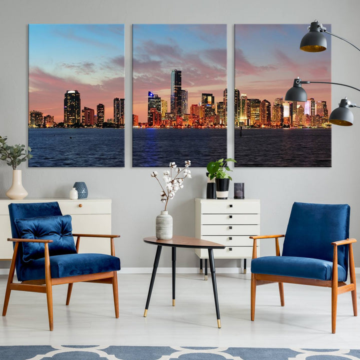 The Wall Art MIAMI Canvas Print emphasizes a vibrant cityscape at sunset. This artwork is presented on museum-quality canvas with gallery-wrapped edges, ensuring it stands out while maintaining its pristine condition for years to come.