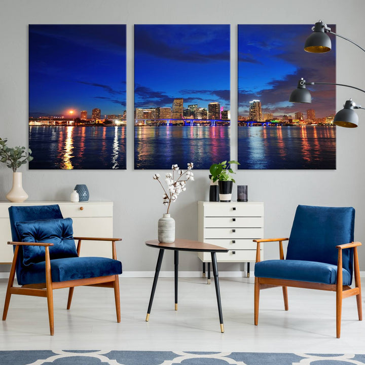 A large Miami City View Wall Art Canvas Print featuring the Miami City Skyline Panorama at night is displayed above the dresser.