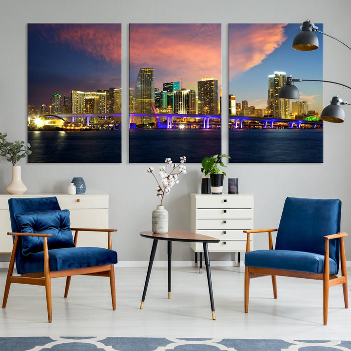 The modern living room is enhanced by the "Miami City Wall Art Canvas Print," a stunning triptych portraying a city skyline at sunset. These canvases are gallery wrapped and made from museum-quality materials, featuring a UV-protective coating to ensure lasting vibrancy.