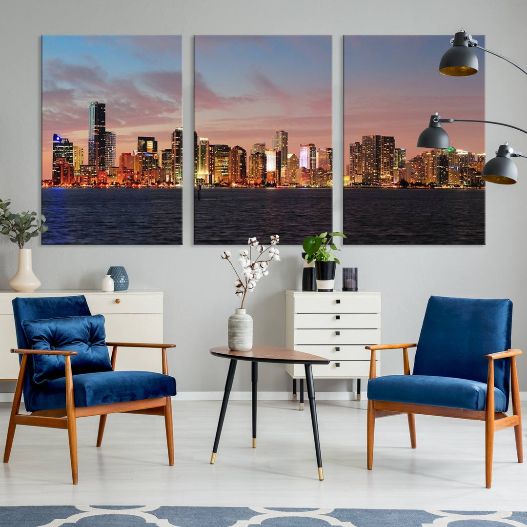 The living room features a gallery-wrapped triptych of the Miami City Wall Art Canvas Print above the sofa.