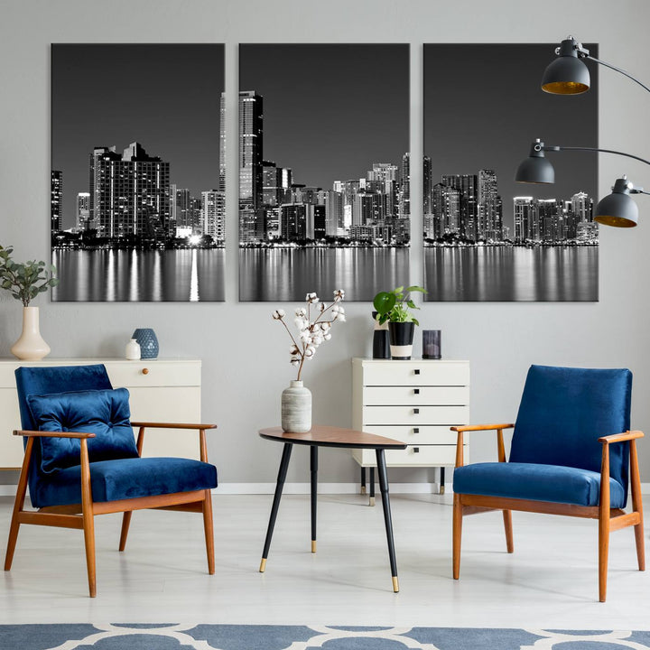 The Miami City Wall Art Canvas Print, a stunning triptych of the Miami skyline, elegantly hangs in this modern living room.