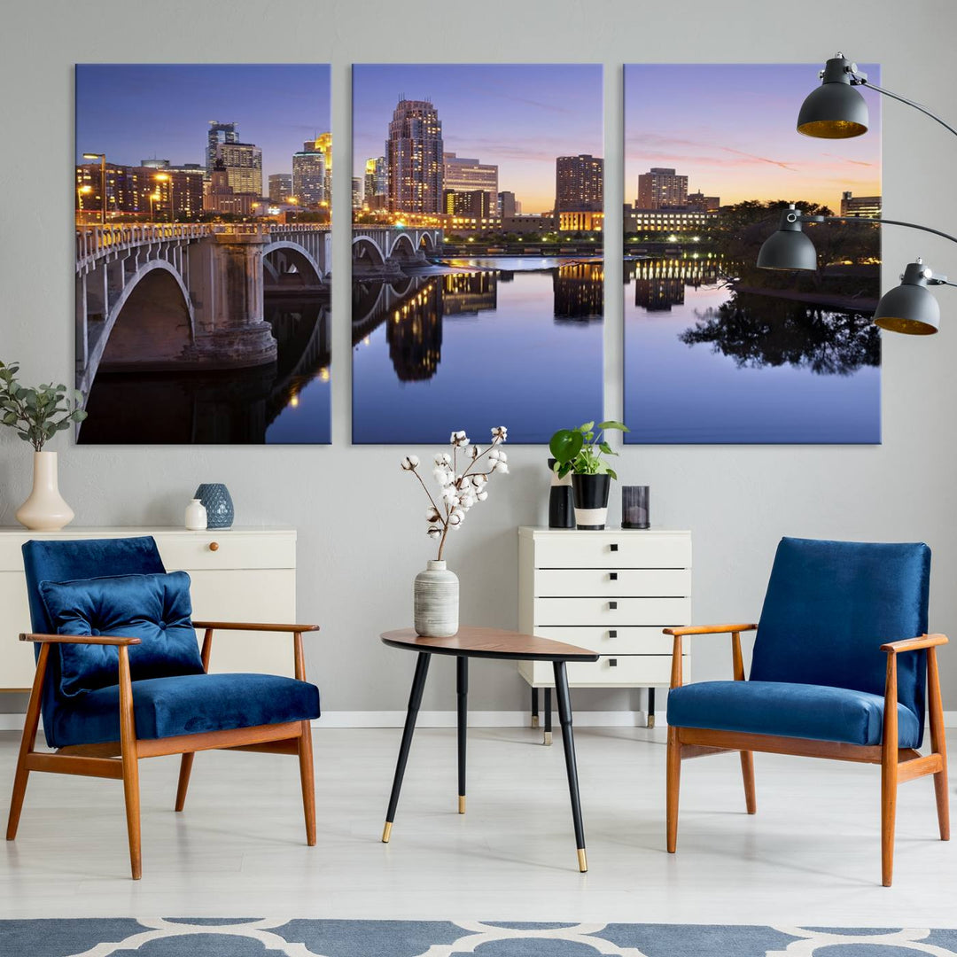 Display the Minneapolis Wall Art Canvas Print, featuring the Minnesota cityscape at dusk, on gallery-wrapped, museum-quality canvas.