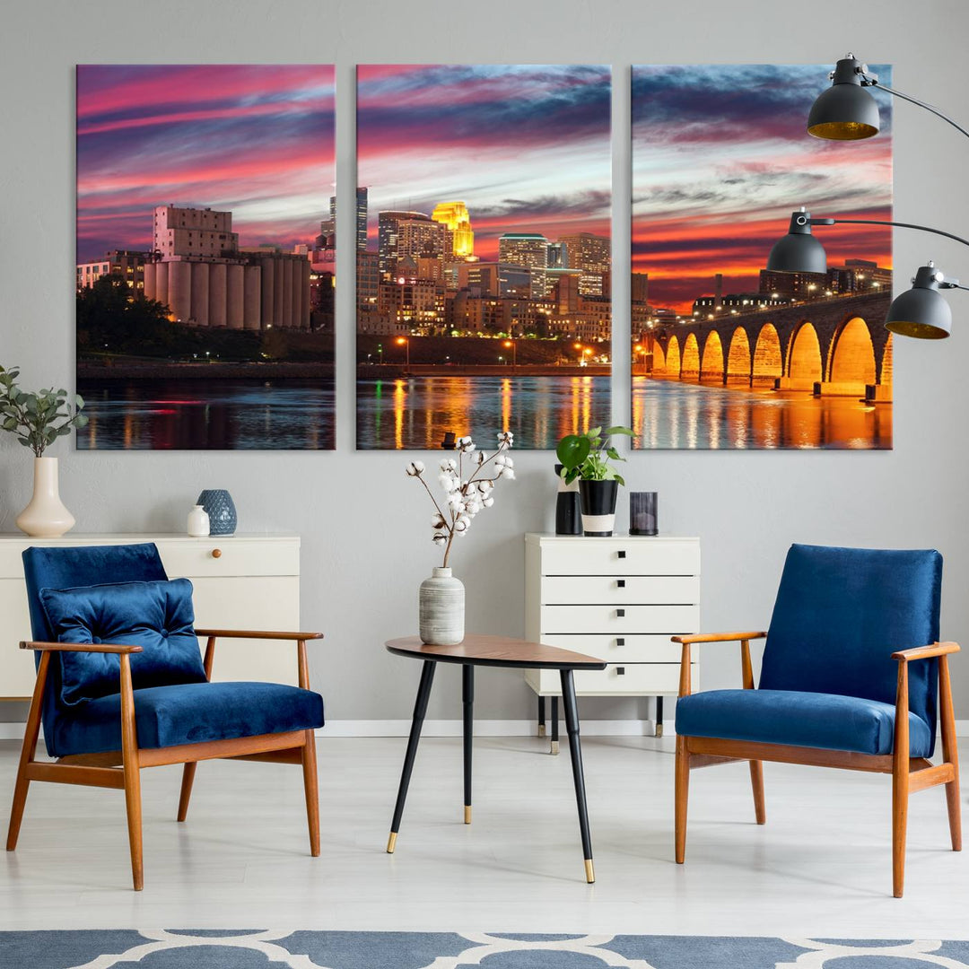 The "Minneapolis Wall Art Canvas Print, Minnesota City Wall Art Print, Minnesota Cityscapes Wall Art" features a city skyline at sunset in museum-quality canvas prints. Transform your living space into a gallery with this stunning piece and enjoy free shipping.