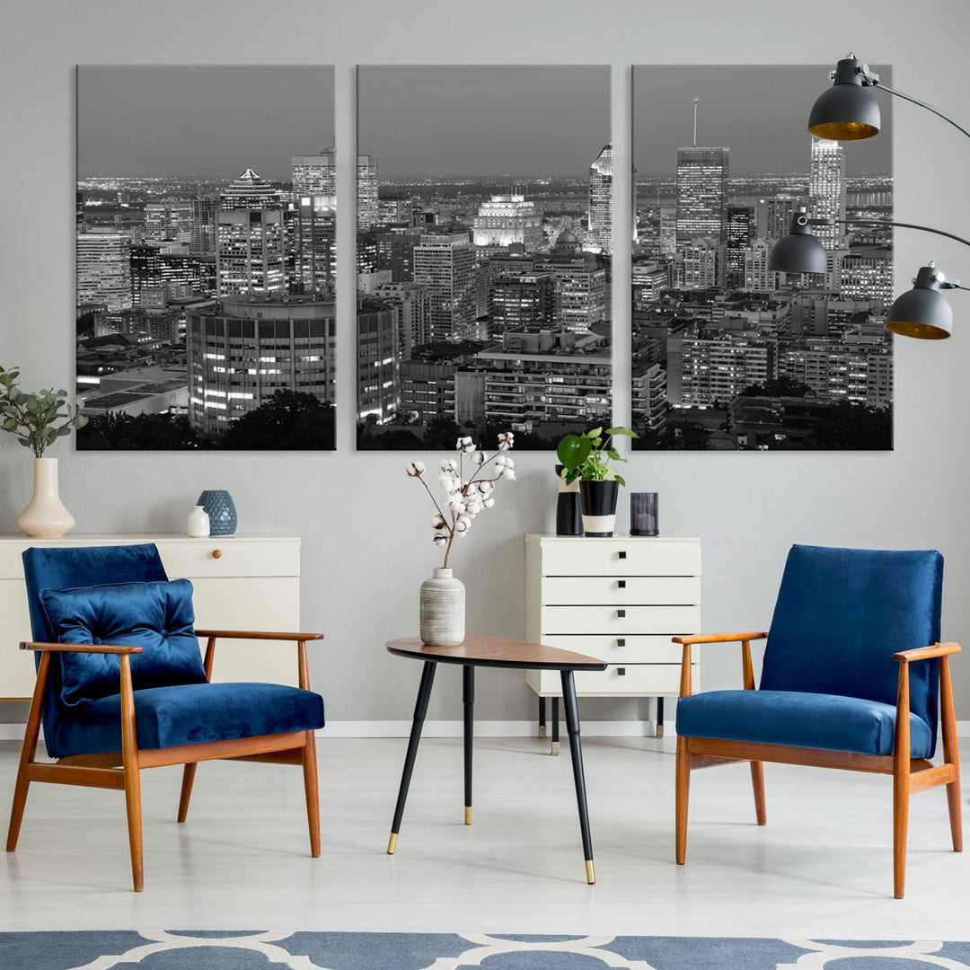 The gallery-wrapped, museum-quality canvas print features the Montreal Canada City Wall Art, showcasing a cityscape at night in black and white.