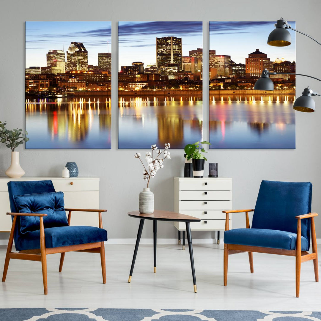 A Montreal Canada City Wall Art Canvas Print, depicting the cityscape at dusk and reflecting in calm waters, is crafted with museum-quality canvases and a UV-protective coating. This remarkable piece guarantees vibrant colors that remain stunning and ready to hang for years to come.