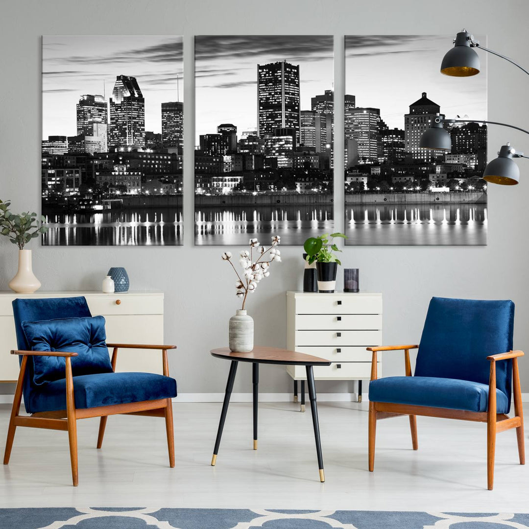 The contemporary living room features the Montreal Canada City Wall Art Canvas Print, an elegantly gallery-wrapped triptych on museum-quality canvas, prominently hung above.