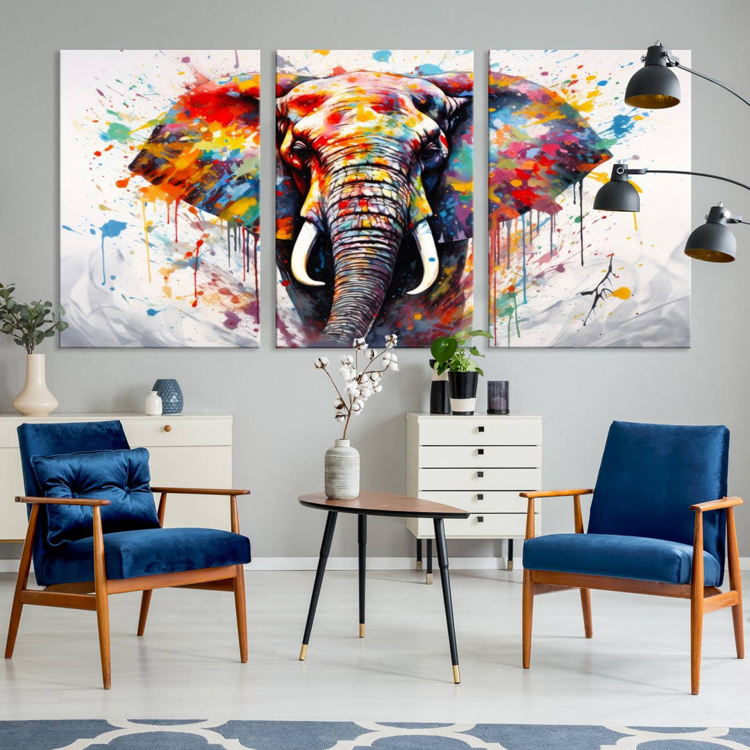 Impresión en lienzo de arte abstracto de pared de elefante de acuarela para decoración moderna del hogar, oficina, sala de estar y comedor