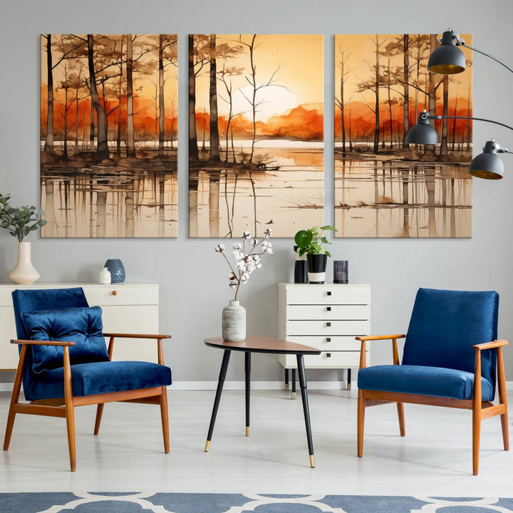 An Abstract Watercolor Trees and Sunset on Lake Wall Art Canvas Print, created on museum-quality canvas.