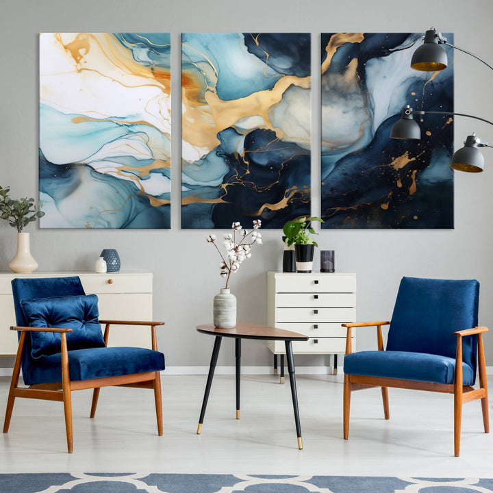 The living room is enhanced by the Marble Fluid Abstract Wall Art Canvas Print, which adds a touch of sophistication.