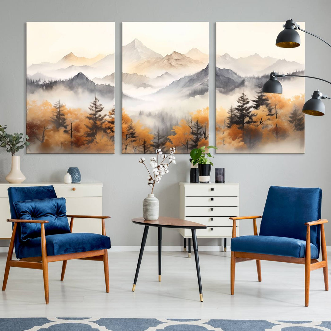 Art mural abstrait aquarelle montagnes et arbres automne