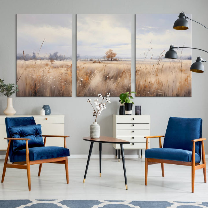 The modern living room features the Golden Fields Canvas Wall Art Print – Serene Landscape of Nature’s Tranquility in Minimalist for Farmhouse Decor, showcasing serene golden fields that enhance the calming ambiance.