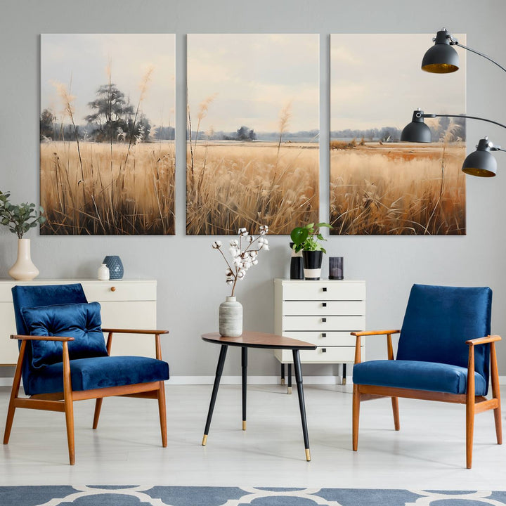 A Wildflower Field Landscape Oil Painting, showcasing a vintage art print of a serene field with tall grasses and distant trees, is beautifully presented on museum-quality canvases with gallery-wrapped edges.