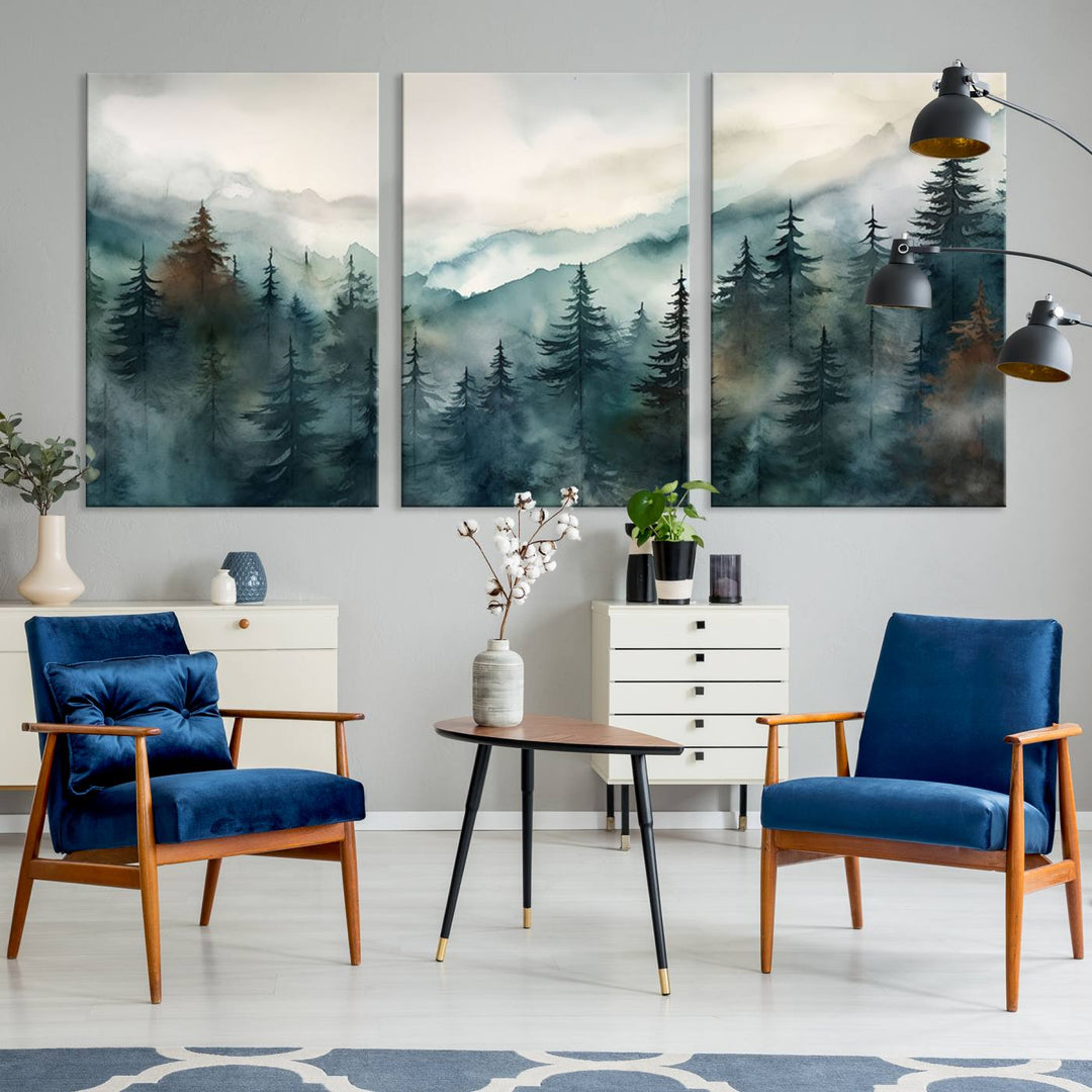 A set of Serenity Forest Wall Art Canvas prints, showcasing foggy mountain landscapes, is displayed in the living room.