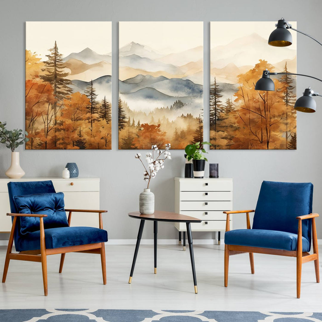 Aquarelle Automne Arbres d'automne Montagne Art mural abstrait Impression sur toile