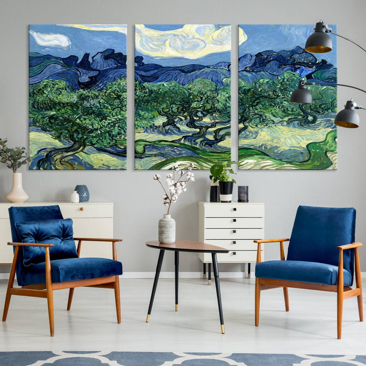 The Olive Trees Van Gogh Wall Art Canvas Print enhances the living room with its vivid landscape on museum-quality canvas, complete with a UV-protective coating.