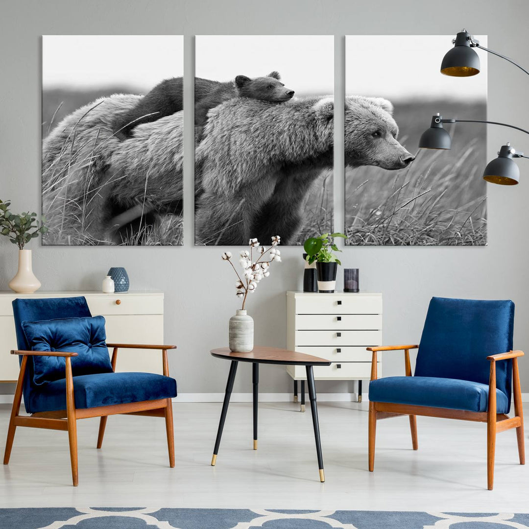 Baby Bear and Mom Bear Family Black & White Canvas Print Wall Art Canvas