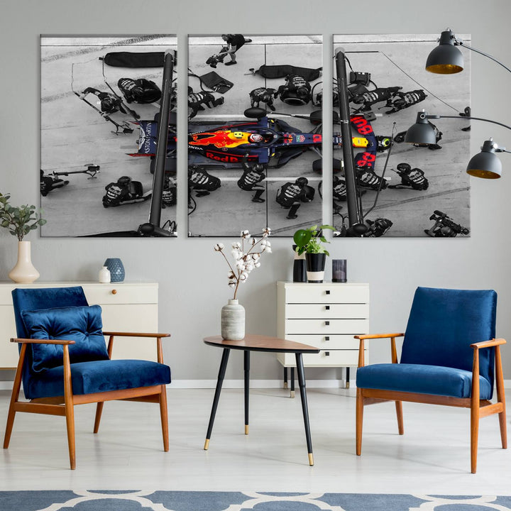 The RedBull Formula 1 Canvas Wall Art Print, a set of three gallery-quality pieces, elegantly adorns the wall.