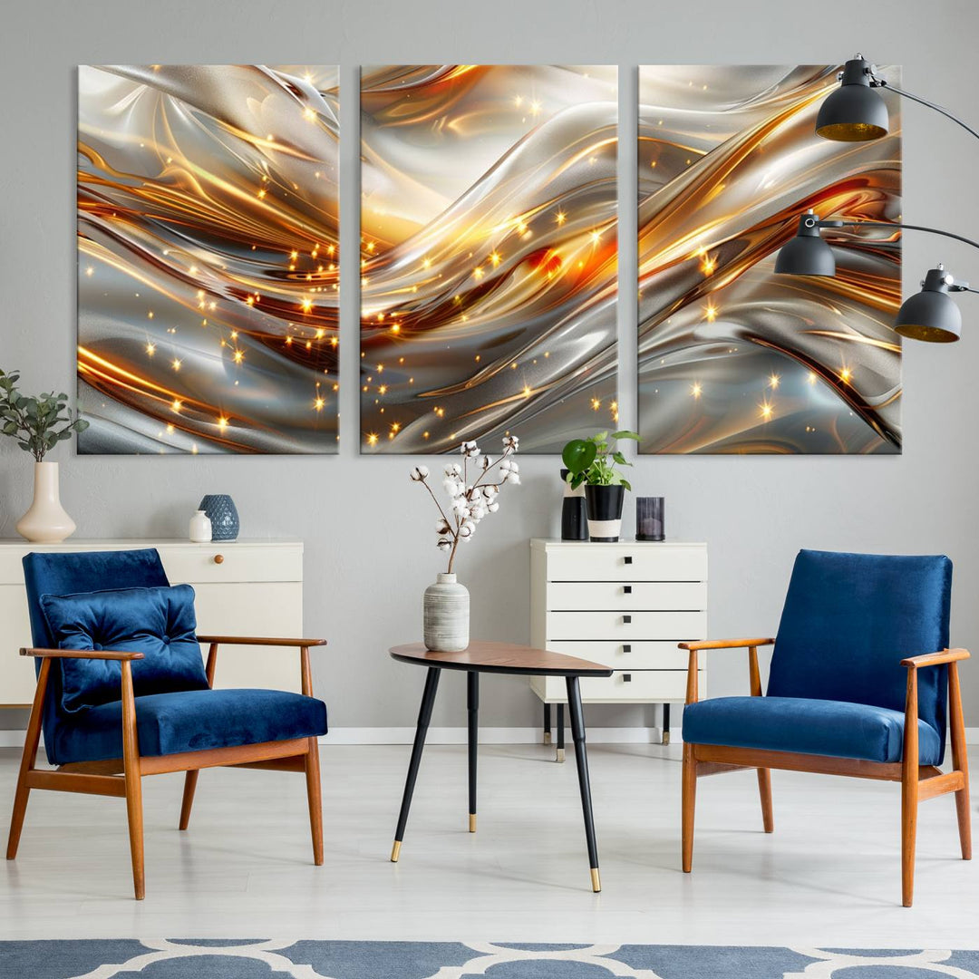 The Elegant Modern Gold Abstract Wall Art - Premium Framed Canvas Print for Home & Office Decor showcases a captivating triptych with swirling metallic designs and golden sparkles, perfectly enhancing contemporary interiors.