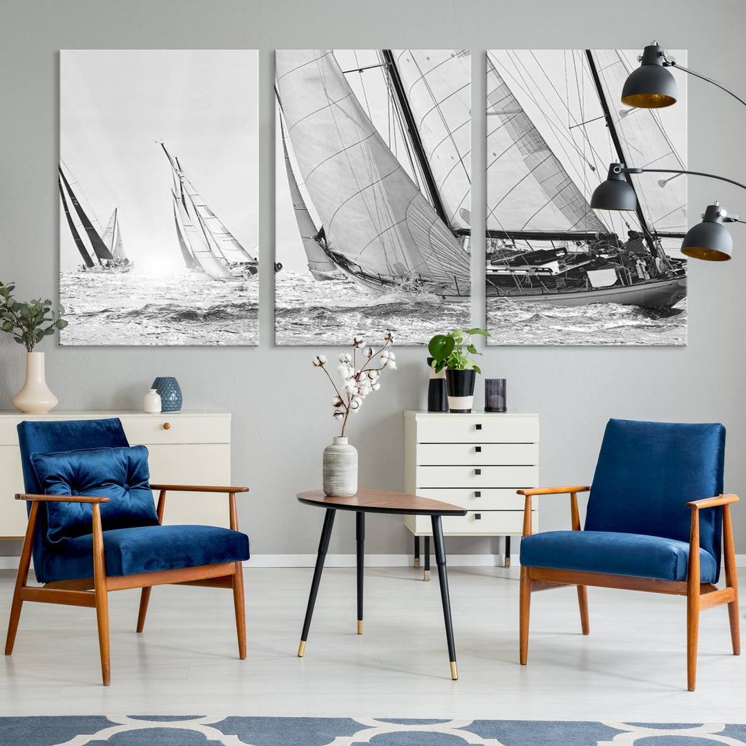 Impresión de velero Yacht Regatta lienzo pared arte Yate decoración de la pared Seascape Art Sailing Ship Negro Blanco extra grande arte de la pared Sailing Regatta