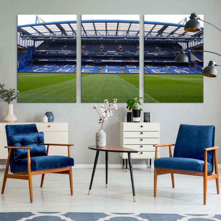 The Chelsea FC Soccer Team Print - Stamford Bridge Stadium Wall Art Canvas Print hangs elegantly, bringing the thrill of the game into your living room.