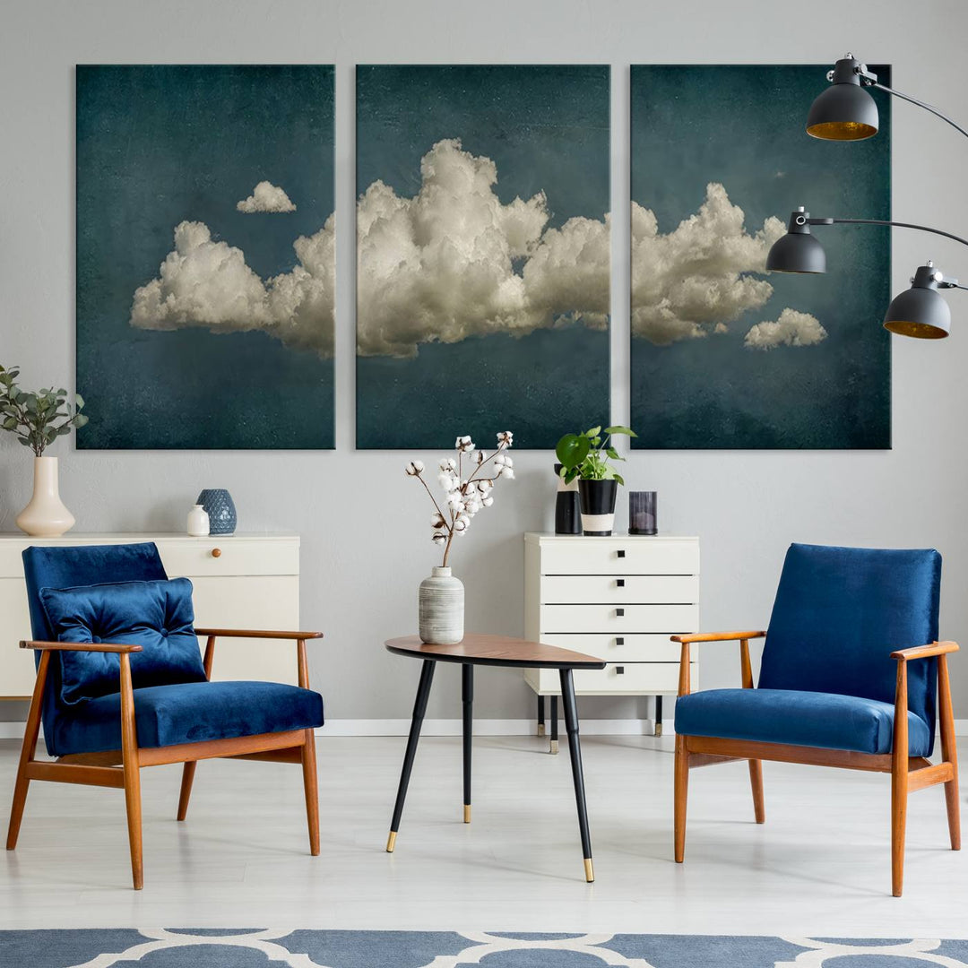 The Vintage Green Clouds Wall Art Canvas Print, set against a teal backdrop, showcases breathtaking canvas artwork with a gallery-quality finish.